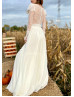 Long Sleeves Ivory French Lace Chiffon Boho Beach Wedding Dress